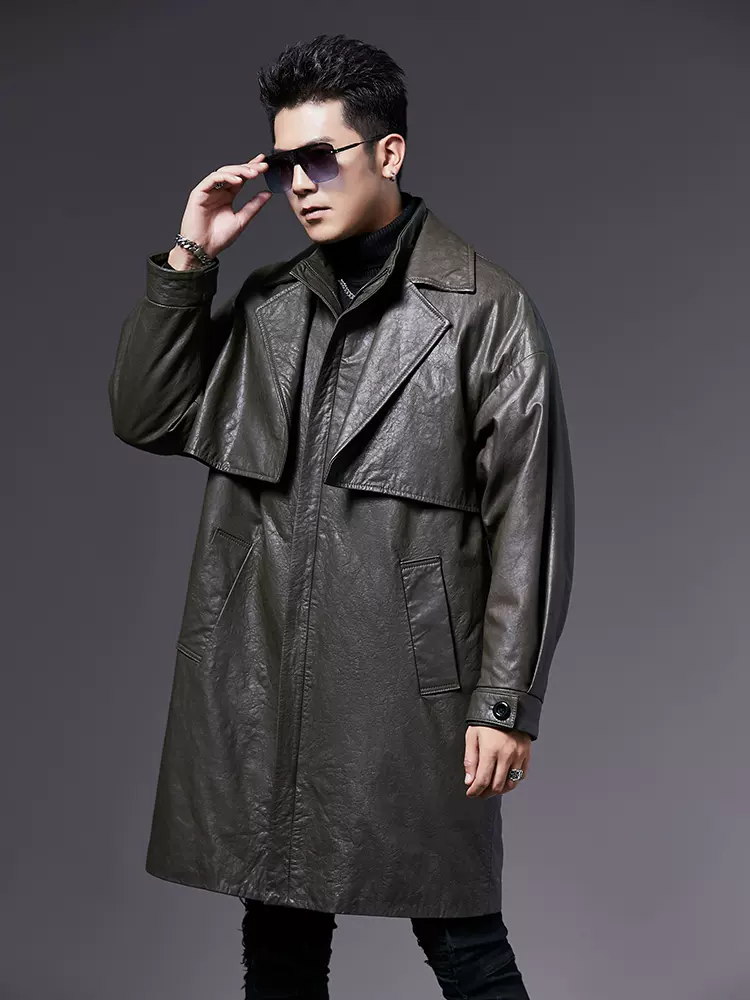 真皮皮衣男头层植鞣牛皮桑蚕丝内胆中长款宽松阔版皮风衣冬季外套