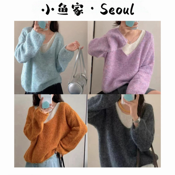 
[Soft Light Four Colors] Korean-style furry fake two-piece V-neck sweater, versatile slimming long-sleeved sweater plush for women