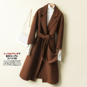 Double -sided cashmere coat female medium long and loose spring and autumn new over -the -knee high -end wool coat lace
