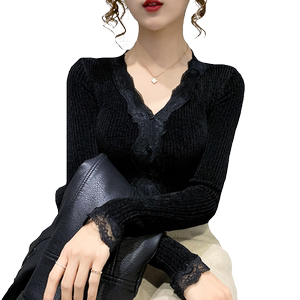Lace lace V -neck new velvet cardigan sweater ladies western slimming bottom shirt autumn and winter knitted top