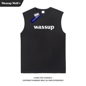 
Wassup Wolf trendy brand 2024 new pure cotton tops sports fitness basketball sleeveless vests for men and women