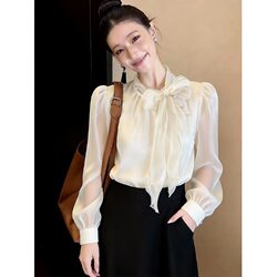 Chanel-Style Beautiful Bow Long-Sleeve Shirt for Women, Lightweight and Loose-Fitting for Summer, Slimming and Very Flattering, Versatile and Trendy Top
