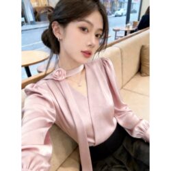 French-Style High-End Elegant Rose Corsage Ribbon Shirt for Women, New Spring Long-Sleeve Layered Professional Work Shirt
