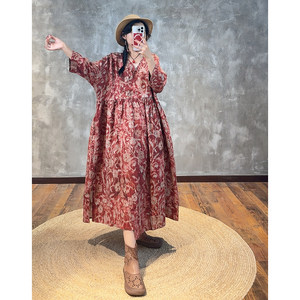 
YIMIAN Treasure linen ethnic style V-neck floral high-end elegant casual high-waist slim dress 26065