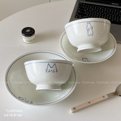 Yulihome Instant Noodle Bowl Ceramic Bowl Simple Cute Cat Rice Bowl Ceramic Plate Underglaze Color Tableware Set