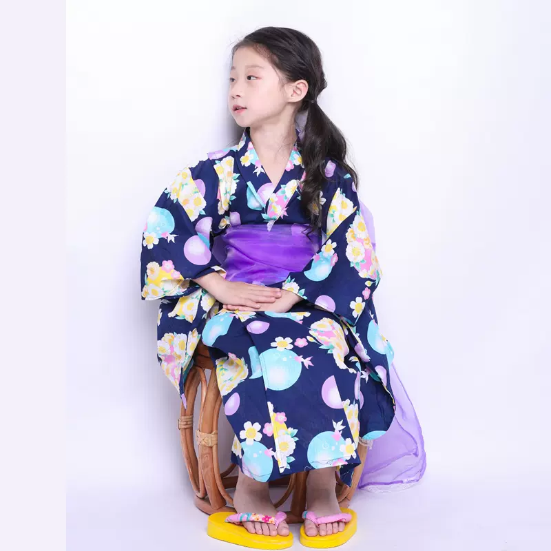 多色日单儿童女孩全棉樱花金鱼振袖和服长袍日式浴衣