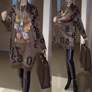 
Plus Size Women's Clothing 2025 Autumn and Winter New Loose Mid-Length Hot Diamond Sweater Heavy Industry Letter Knitted Sweater Dress Women