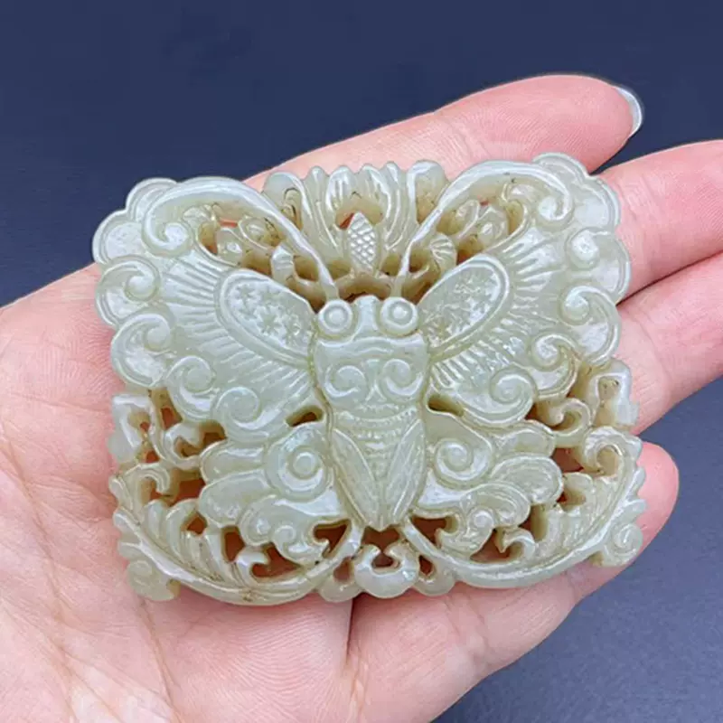 和田玉青白玉双面镂空蝴蝶玉吊坠颈饰挂件项坠项链镶嵌