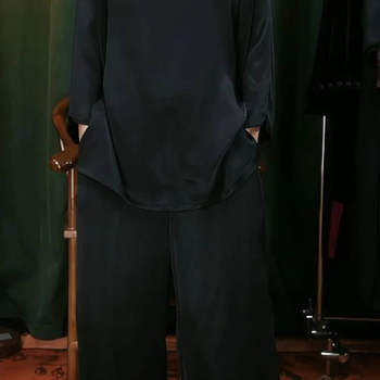 Black King Satin Autumn New Exquisite Casual Suit Square Neck Tops and Pants