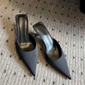 
Black satin high heels women's pointed toe back empty sandals half-wheeled mules bag toe small single shoes