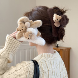 Cute Plush Teddy Bear Hair Clip for Women, Korean Style, Versatile Large Shark Clip for Back of Head, Hair Accessory