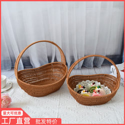 Imitation Rattan Iron Frame Basket, Plastic Rattan Woven Flower Basket, Shopping Basket, Grocery Basket, Wedding Gift Basket, Outdoor Restaurant Storage Basket