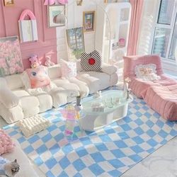 ins Checkerboard Imitation Cashmere Carpet for Bedroom, Girl's Room, Bedside Rug, Living Room Coffee Table, Sofa, Modern Simple Mat