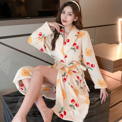 Coral Fleece Pajamas Women's Autumn And Winter Mid-length Flannel Nightgown Warm Bathrobe Long-sleeved Printed Women's Home Clothes