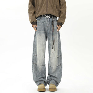 
BOYUE silkyue distressed washed pleated scimitar jeans high street drape casual workwear street straight pants for men