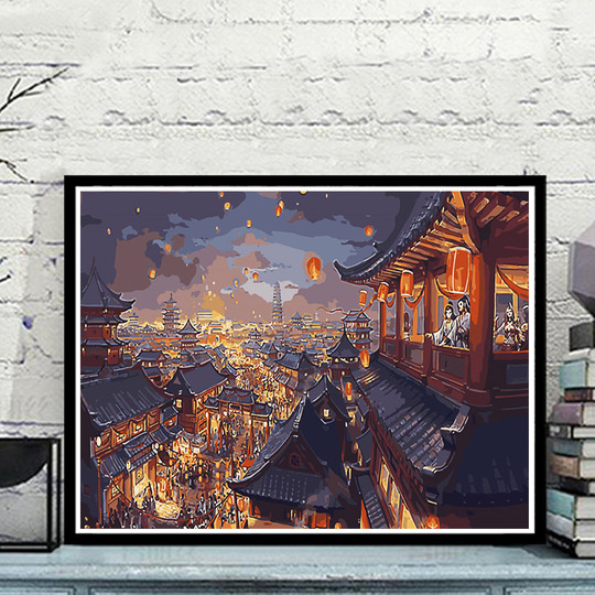 风景油画DIY古风夜景孔明灯手绘涂色油彩画华灯初上
