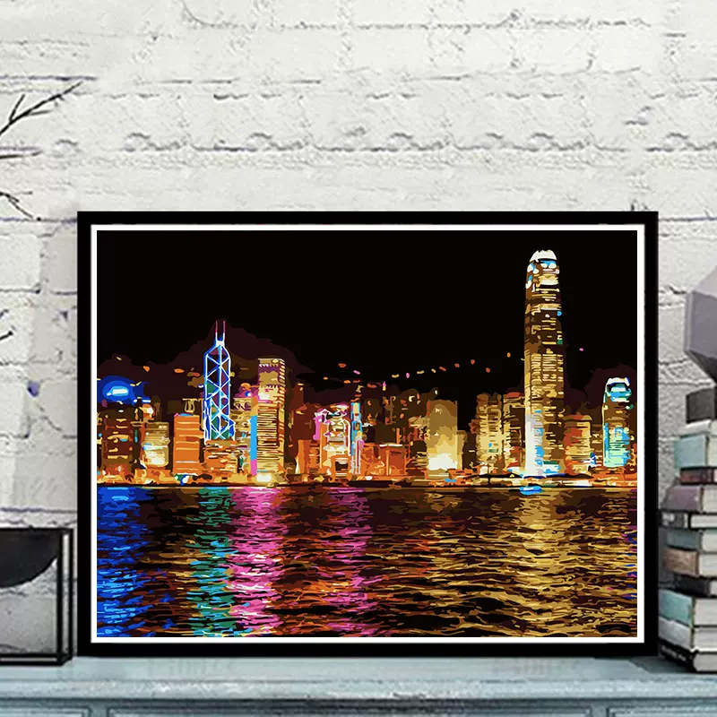 数字油画diy海边城市风景夜景手绘填色客厅装饰油彩画维多利亚港-Taobao
