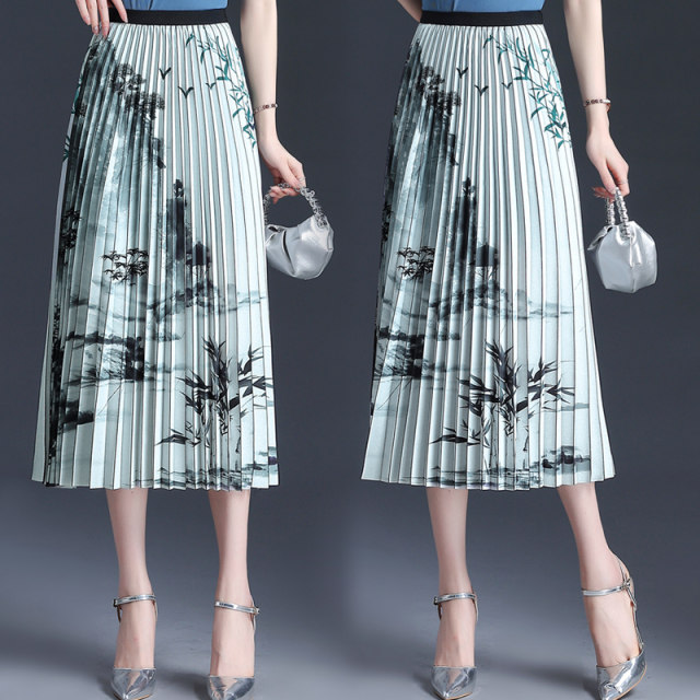 Printed pleated skirt A-line skirt 2025 spring and summer high waist stylish mid-length large hem skirt Chinese style horse-face skirt
