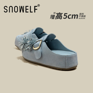 
Blue Fireworks Birkenstock Shoes Women's 2026 New Single Shoes Increased Thick Sole Women's Shoes Half Slippers Summer Outerwear Leather Shoes
