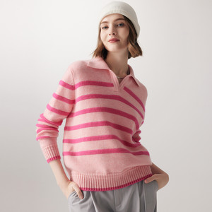 Paro 100% cashmere sweater autumn and winter polo collar knitted thick striped jacquard contrasting color long-sleeved cashmere sweater for women