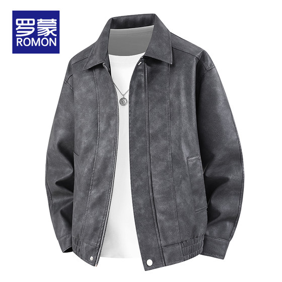 
Romon Lapel Men's Leather Jacket Top 2026 Spring New Retro Trendy Brand Loose Jacket Casual PU Leather Jacket