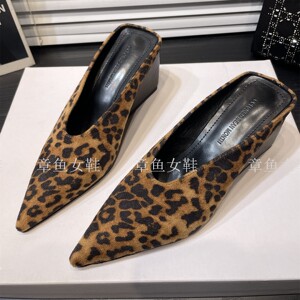 
Leopard print suede slim pointed toe wedge heel half slippers for women 2026 new high heel satin mules toe cap slippers