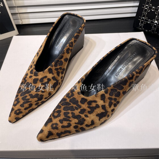 
Leopard print suede slim pointed toe wedge heel half slippers for women 2026 new high heel satin mules toe cap slippers
