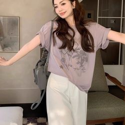 Purple Printed Short-Sleeved T-Shirt for Women, New Summer Style, Loose Fit, Pure Cotton, Flattering, Slimming, Versatile, Casual Top, Trendy