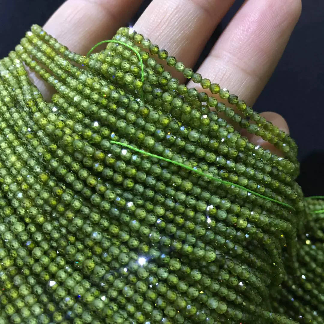 天然绿色锆石2mm切角刻面珠 球面体 天然绿色散珠 半成品diy