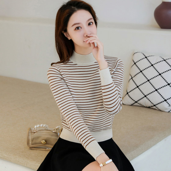 
Half turtleneck striped short sweater for women in autumn and winter women's clothing 2025 new thickened slim small knitted base shirt