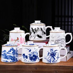 Jingdezhen Ceramic Baichuan Cup Tea and Water Separation Office Filter Mark Tea Cup with Lid for Men and Women Couple Water Cup
