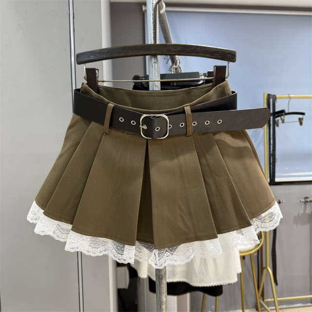College style sweet lace-edged suit pleated skirt for women in summer new high-waisted skirt anti-exposure A-line skirt