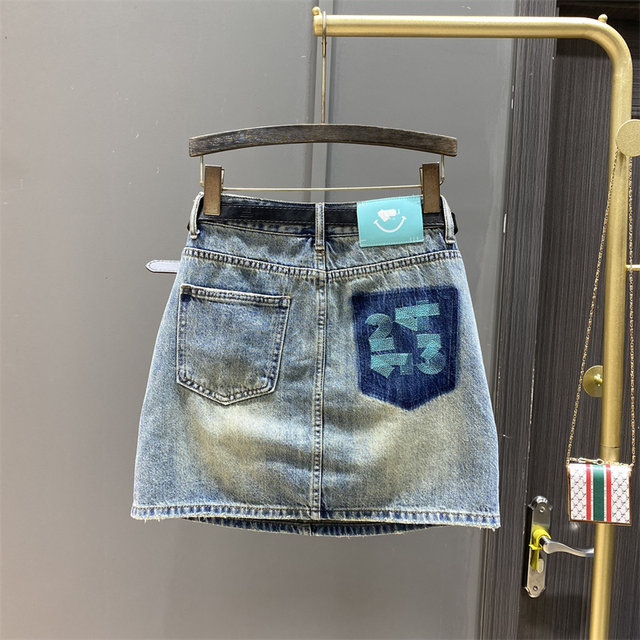 Retro contrast color pocket high waist denim skirt for women in summer embroidery design to make them look slim A-line hip-pack skirt