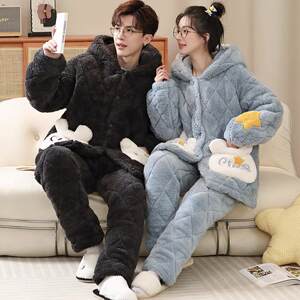 
Coral velvet thickened couple pajamas for women in winter thickened plush three-layer cotton jacket super thick men's home suit
