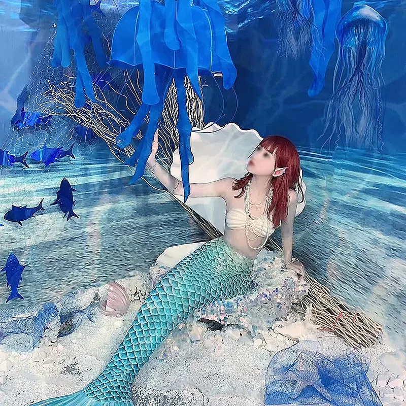 海洋主題壁紙藍色海底世界人魚拍照裝飾劇本殺換裝館包廂