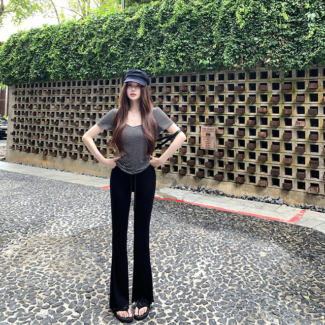 Han Yujia black high-waisted knitted pants for women draped slim fit slim flared casual trousers