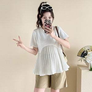 
Maternity clothing, summer clothing, simple design, short-sleeved pleated tops, loose large size casual babydolls, summer clothes, summer clothes