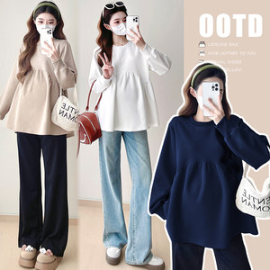 Maternity clothing, autumn clothing, fashionable and simple long-sleeved tops, loose large size casual sweatshirts, winter clothing, velvet warm bottoming shirts