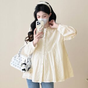 
Maternity clothing spring clothing simple small fresh embroidered long-sleeved shirt loose large size versatile baby doll spring top spring