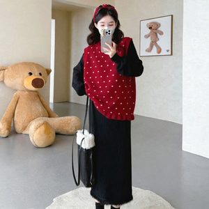 
Maternity wear autumn and winter long-sleeved bottoming skirt autumn and winter vest fashion two-piece knitted dress suit skirt winter