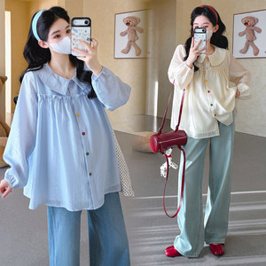 
Maternity clothing, spring clothing, simple casual doll collar long-sleeved tops, fashionable ear-trimmed tops, spring shirts, spring