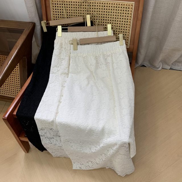 Lace hollow hook flower skirt for women's spring new high-waisted slim straight mid-length skirt C#7
