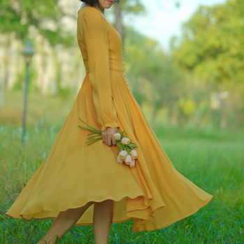 
(Yellow Rose) Autumn new French retro fashion waist slimming plus size dress spring and autumn long sleeves