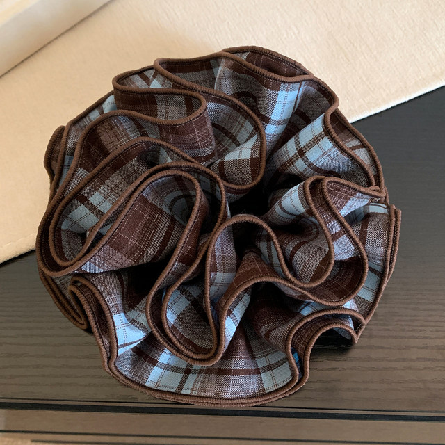 Korean retro blue plaid four-layer large intestine hair ring for women, high-end, oversized ball headband, hair tie, headband, headband