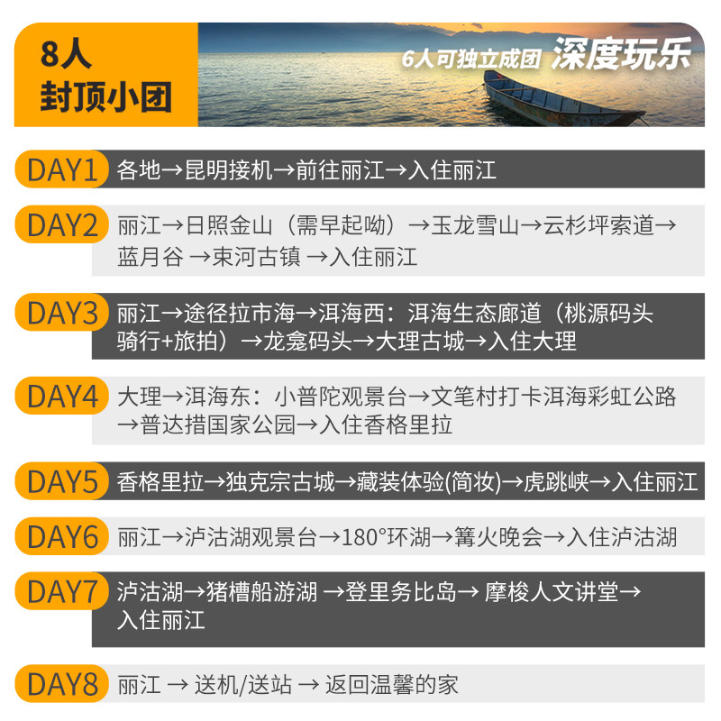 100%纯玩8人小团云南旅游8天7晚丽江大理香格里拉泸沽八日跟团游