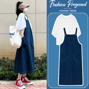 
Maternity dress set 2026 new summer fashionable fashionable loose belly-covering denim suspender skirt two-piece set