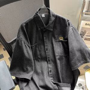 
Youth trend casual bear denim summer short-sleeved versatile shirt for fat men large size loose thin shirt