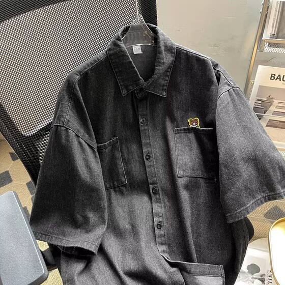 
Youth trend casual bear denim summer short-sleeved versatile shirt for fat men large size loose thin shirt
