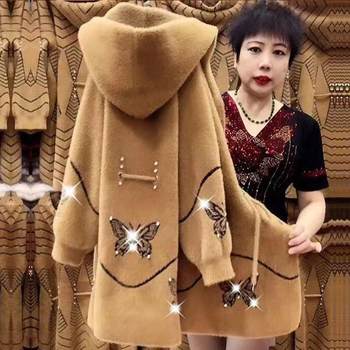 Mink velvet mother's sweater coat for women in autumn and winter thickened mid-length outer coat knitted cardigan for middle-aged and elderly people