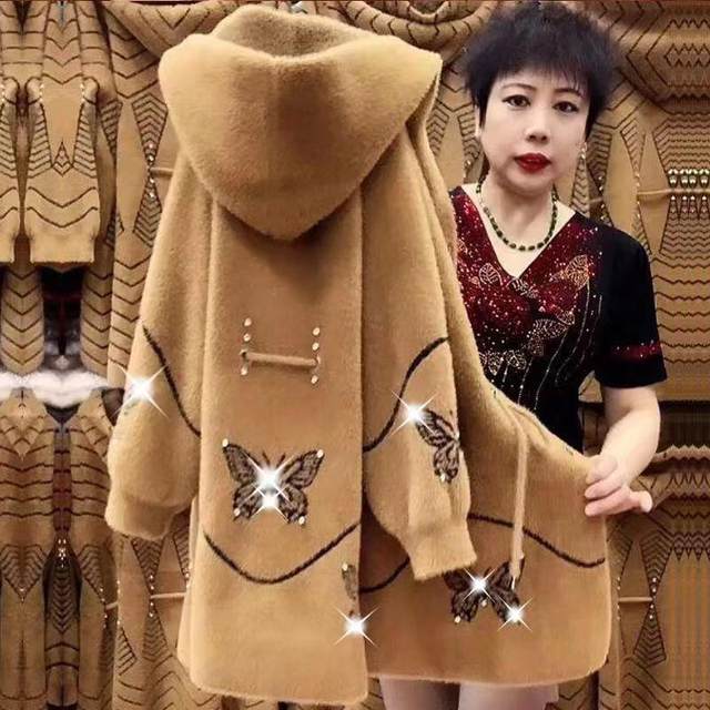 Mink velvet mother's sweater coat for women in autumn and winter thickened mid-length outer coat knitted cardigan for middle-aged and elderly people